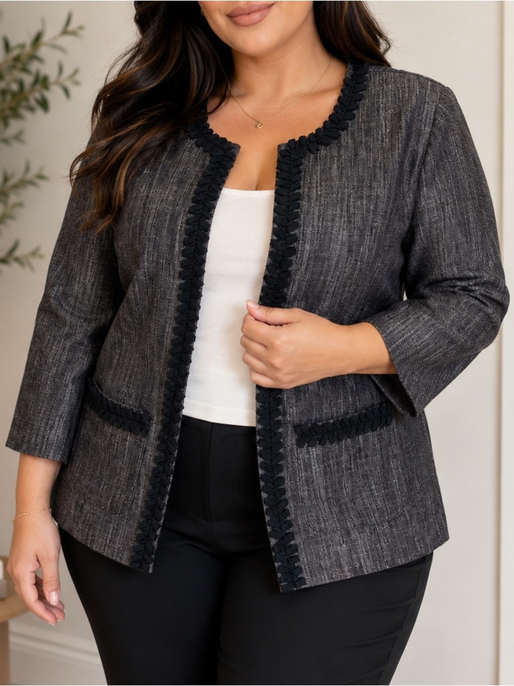 Dressbarn Women’s Charcoal Gray Ruffle Trim Blazer Jacket